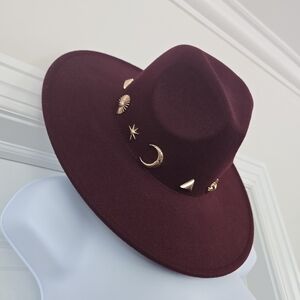 Anthropologie Burgundy Hat with Gold Charms